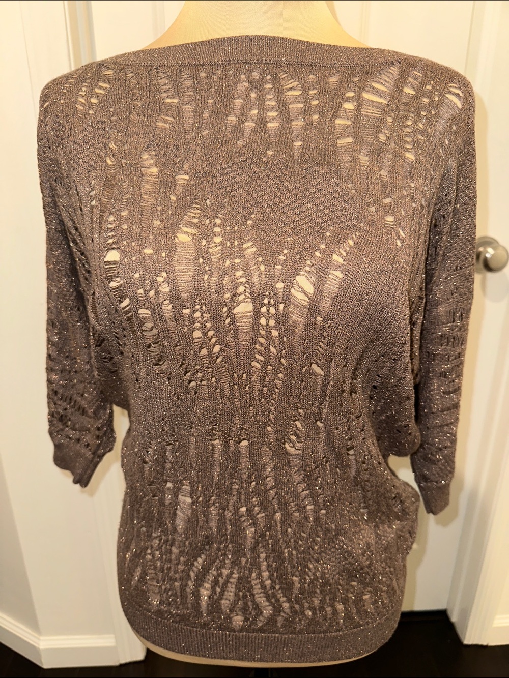 Express Metallic Taupe Open-Knit Boatneck Tunic Sweater